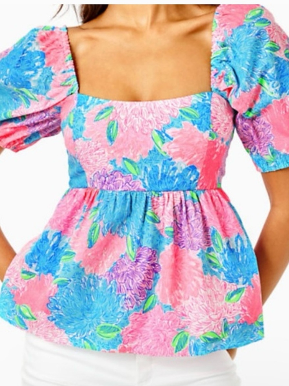 Lilly Pulitzer Pink & Blue Floral Square-Neck Peplum Top